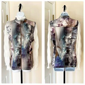 Sleeveless Quilted Vest Beautiful Artsy Print Stretchy All-Zip Stand Collar Sz:M